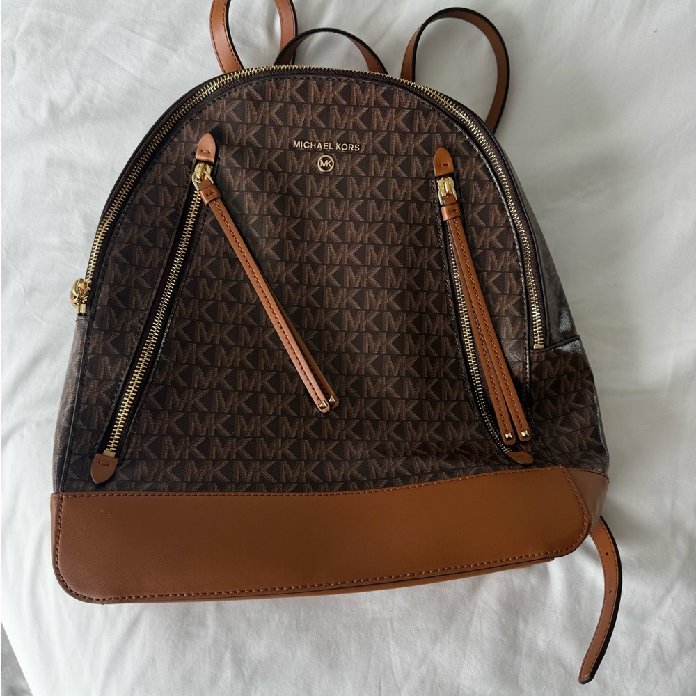 Michael Kors Brown MK Monogram Backpack with Tan Trim